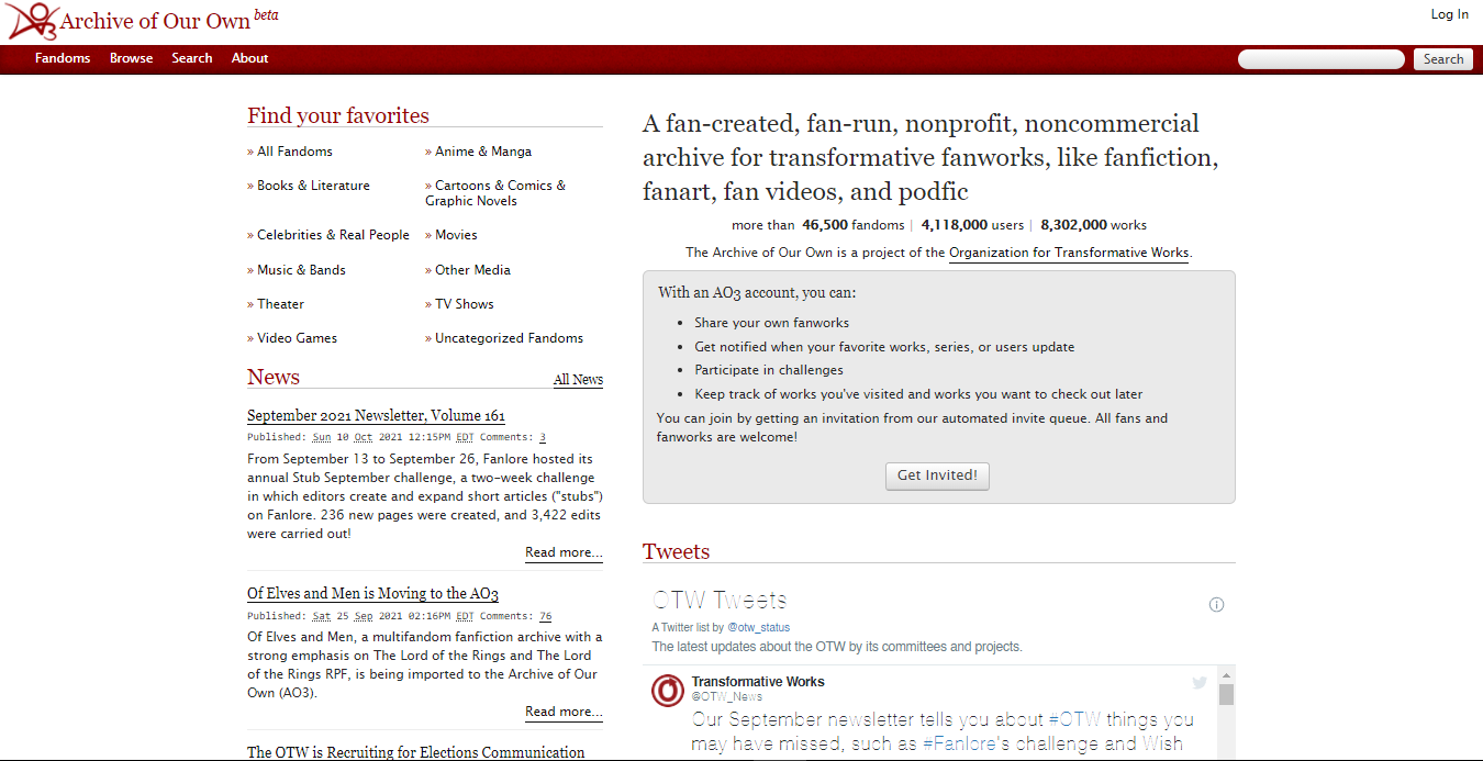 A screenshot of the home page of Archive of Our Own (AO3).
